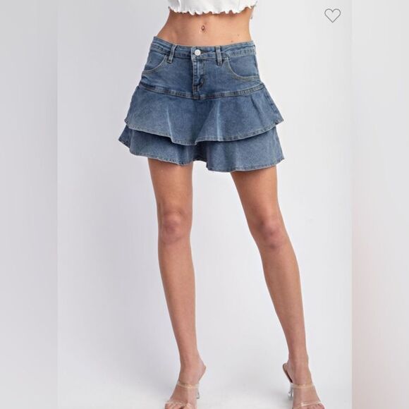 079. RUFFLE DENIM SKIRT WITH HIDDEN SHORTS! - Picture 1 of 14
